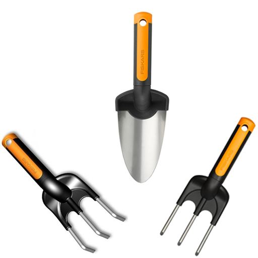 Lot de jardinage Fiskars : griffe, fourche et pelle